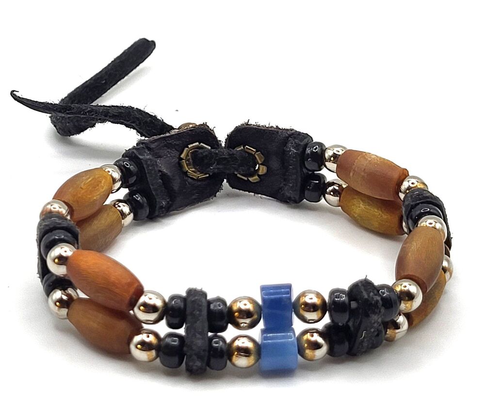 Native American Wooden Beads Leather Brass Lapis Bracelet 7in